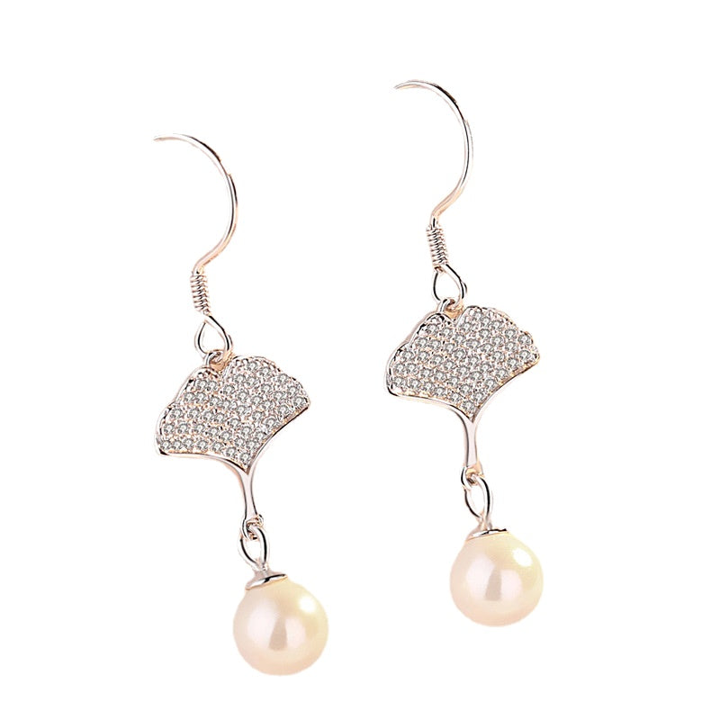 Ginkgo with Pearl Silver Drop Earrings for Women