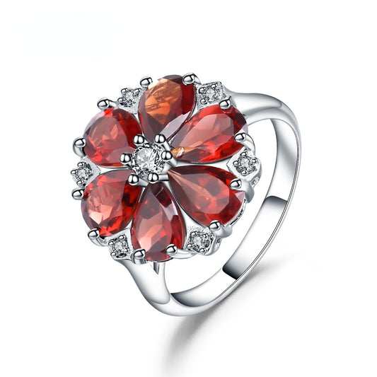 Natural Garnet Luxurious Flower Design Sterling Silver Ring for Women