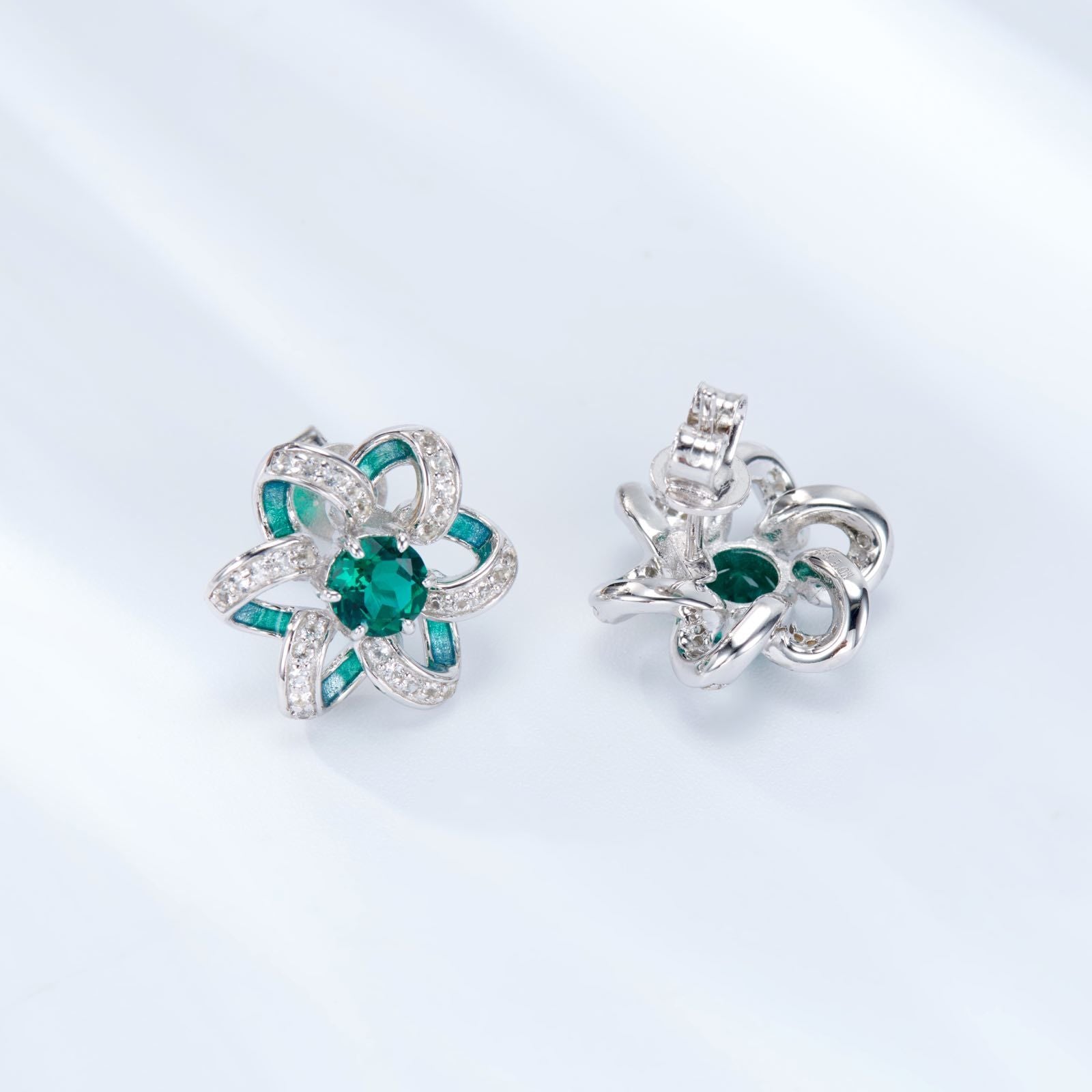 Green Flower Enamel Silver Studs Earrings for Women