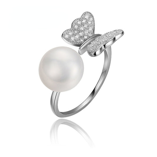 Zircon Butterfly with Freshwater Pearl Silver Ring