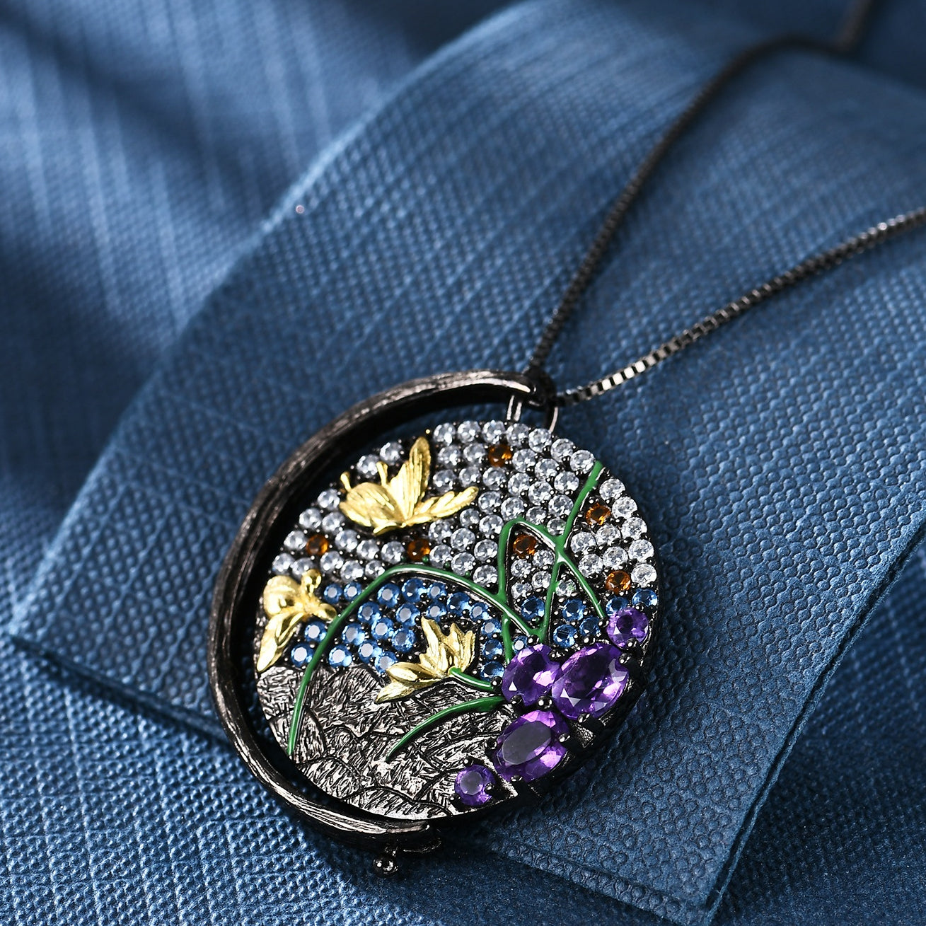 Italian Crafts Natural Style Pattern Retro Jewelry Design Inlaid Colourful Gemstones Butterfly In Garden Pendant Silver Necklace for Women