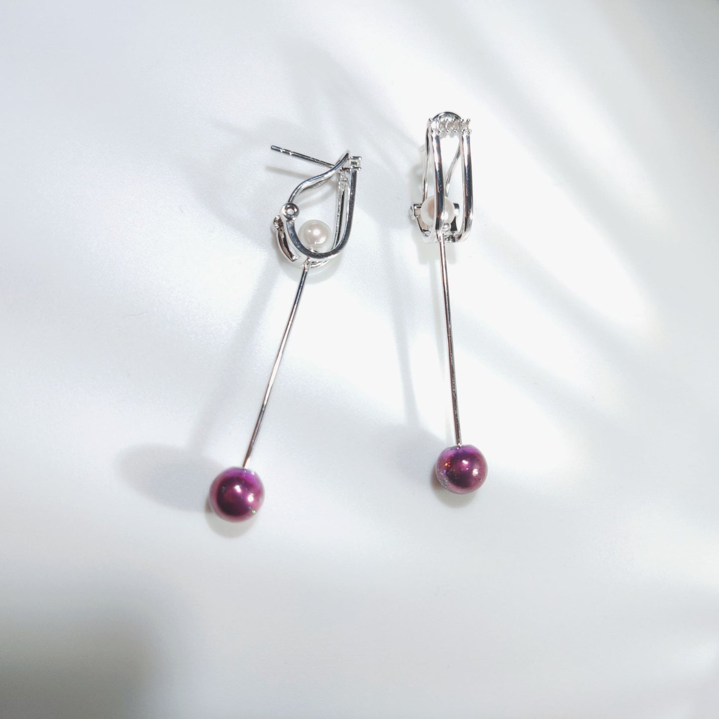 Purple Mini Ball Enamel with Pearl Silver Dorp Earrings for Women