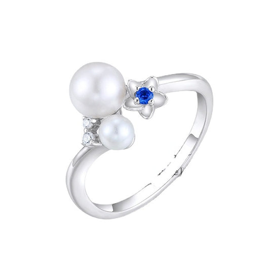 Two Natural Pearl with Blue Zircon Flower Silver Ring