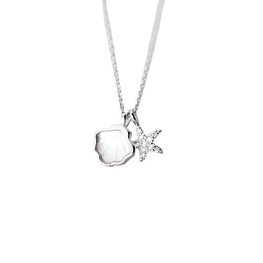 Mother of Pearl Shell with Zircon Starfish Silver Necklace for Women