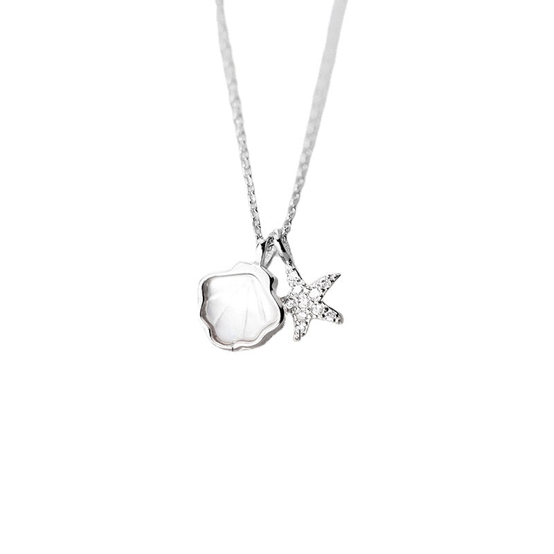 Mother of Pearl Shell with Zircon Starfish Silver Necklace for Women