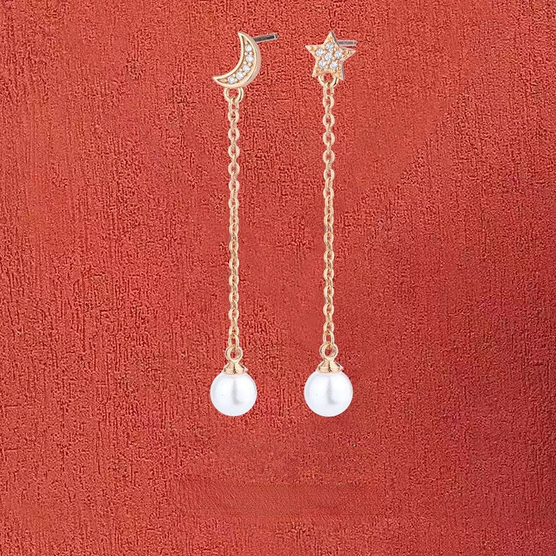 Zircon Star Moon with Pearl Long Tassel Silver Drop Earrings for Women