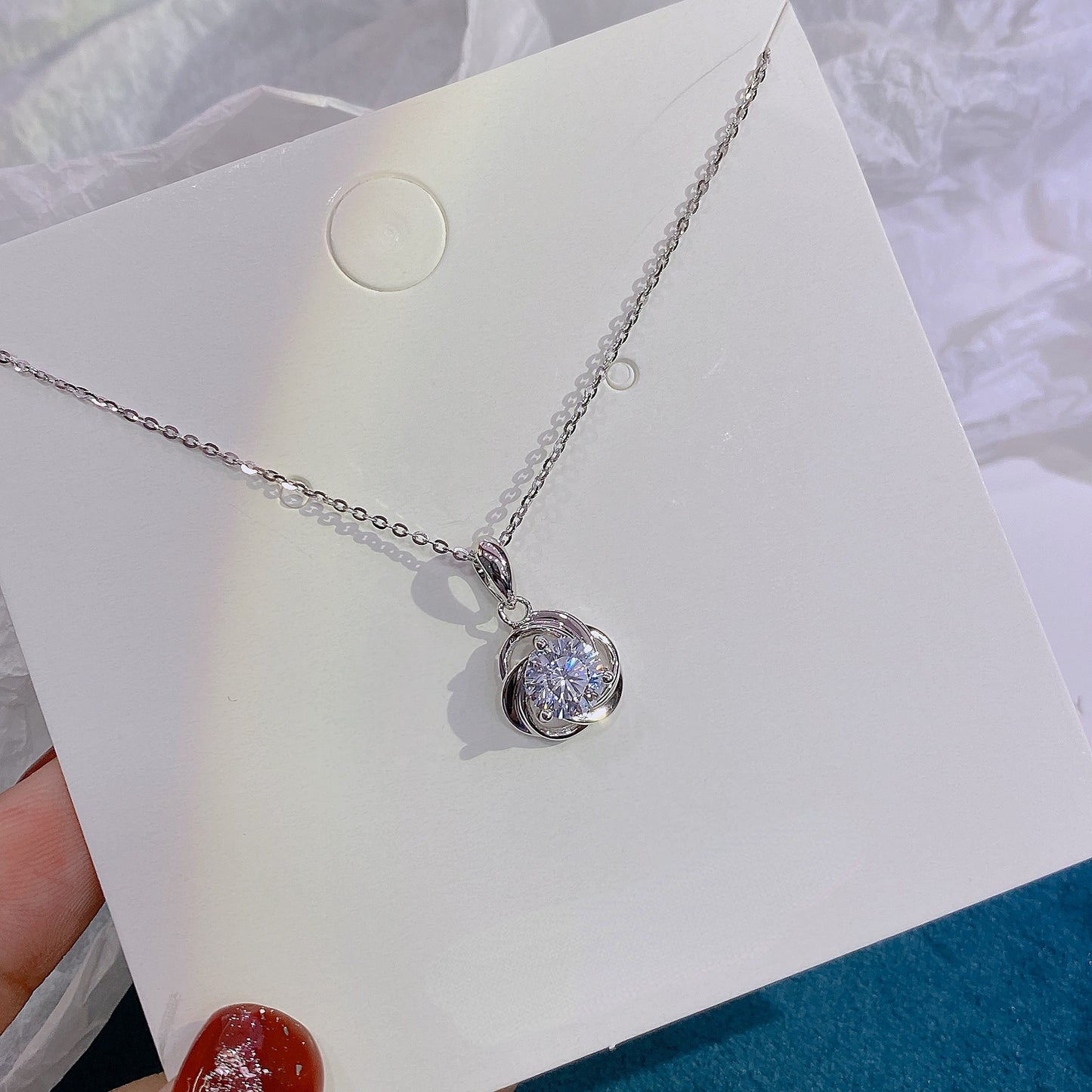 Three Petals Flower with Round Zircon Pendant Silver Necklace for Women
