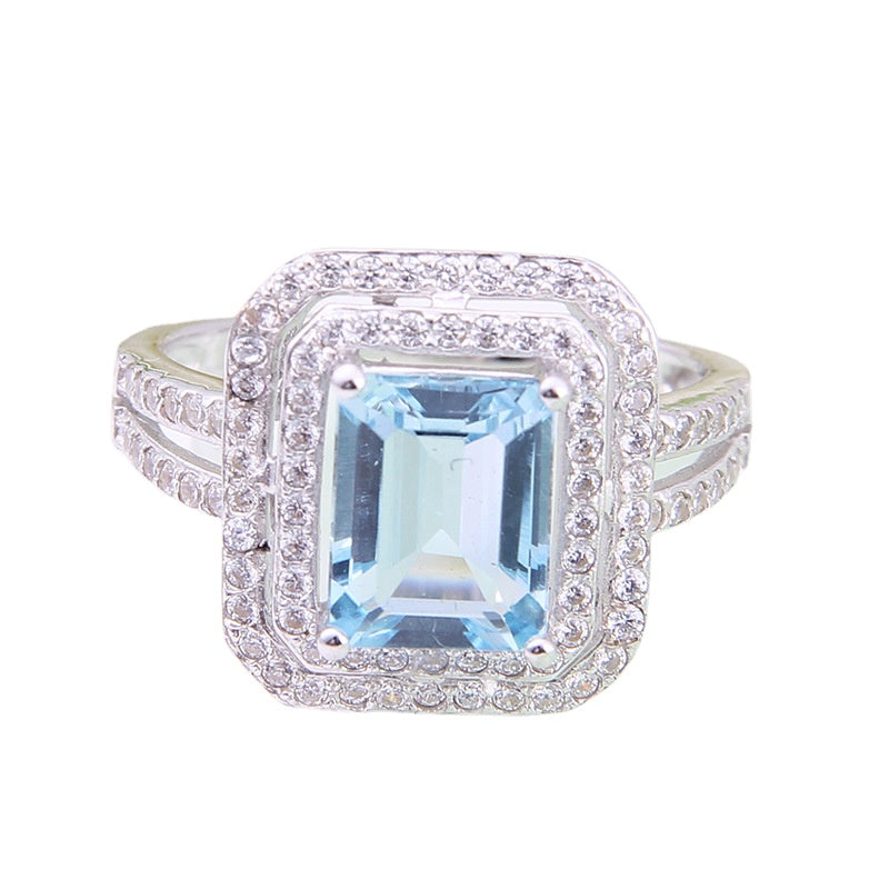 High-grade Temperament  Natural Topaz Luxury Soleste Halo Square Sterling Silver Ring for Women
