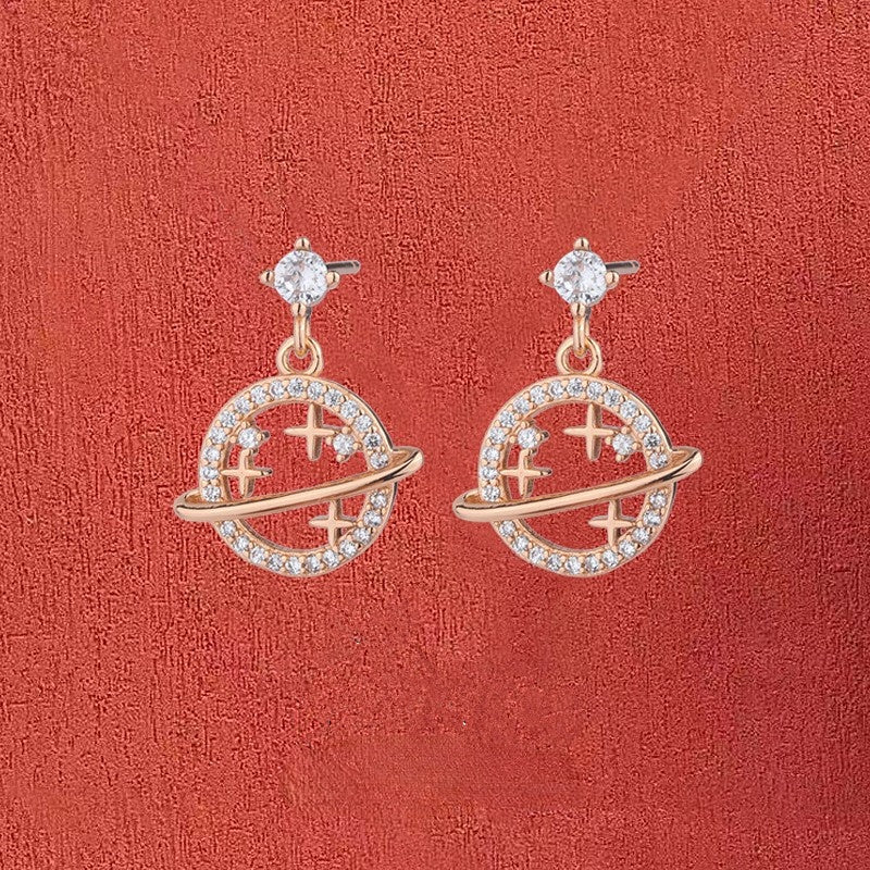 Zircon Saturn Planet Silver Drop Earrings for Women