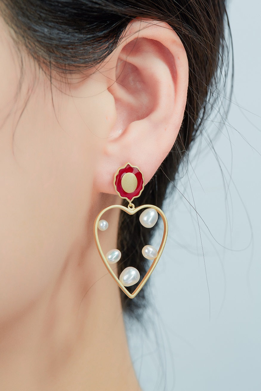 Red&Golden Big Heart Enamel with Pearl Drop Earrings for Women