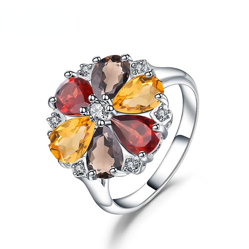 Fashionable and Luxurious Design Sense Inlaid Natural Colourful Crystal S925 Sterling Silver Ring for Women
