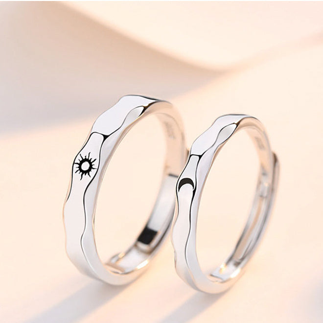 Sun Moon Waved Silver Couple Ring for Women