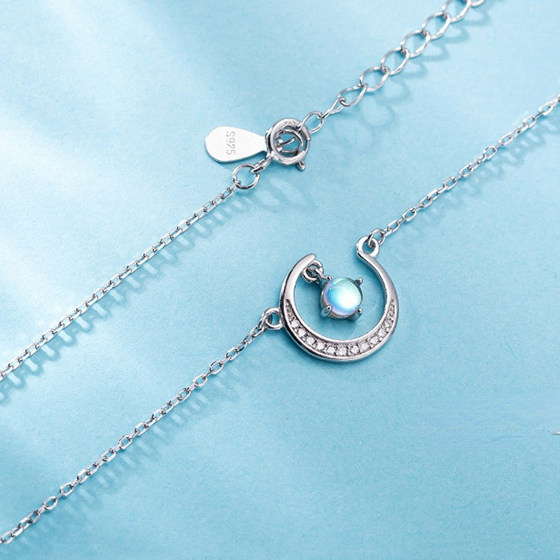 Zircon Moon with Moonlight Stone Silver Necklace for Women