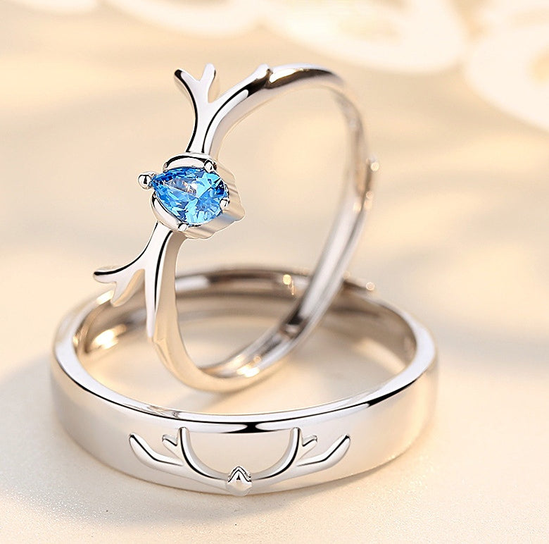 Deer with Blue Zircon Silver Couple Rings for Women