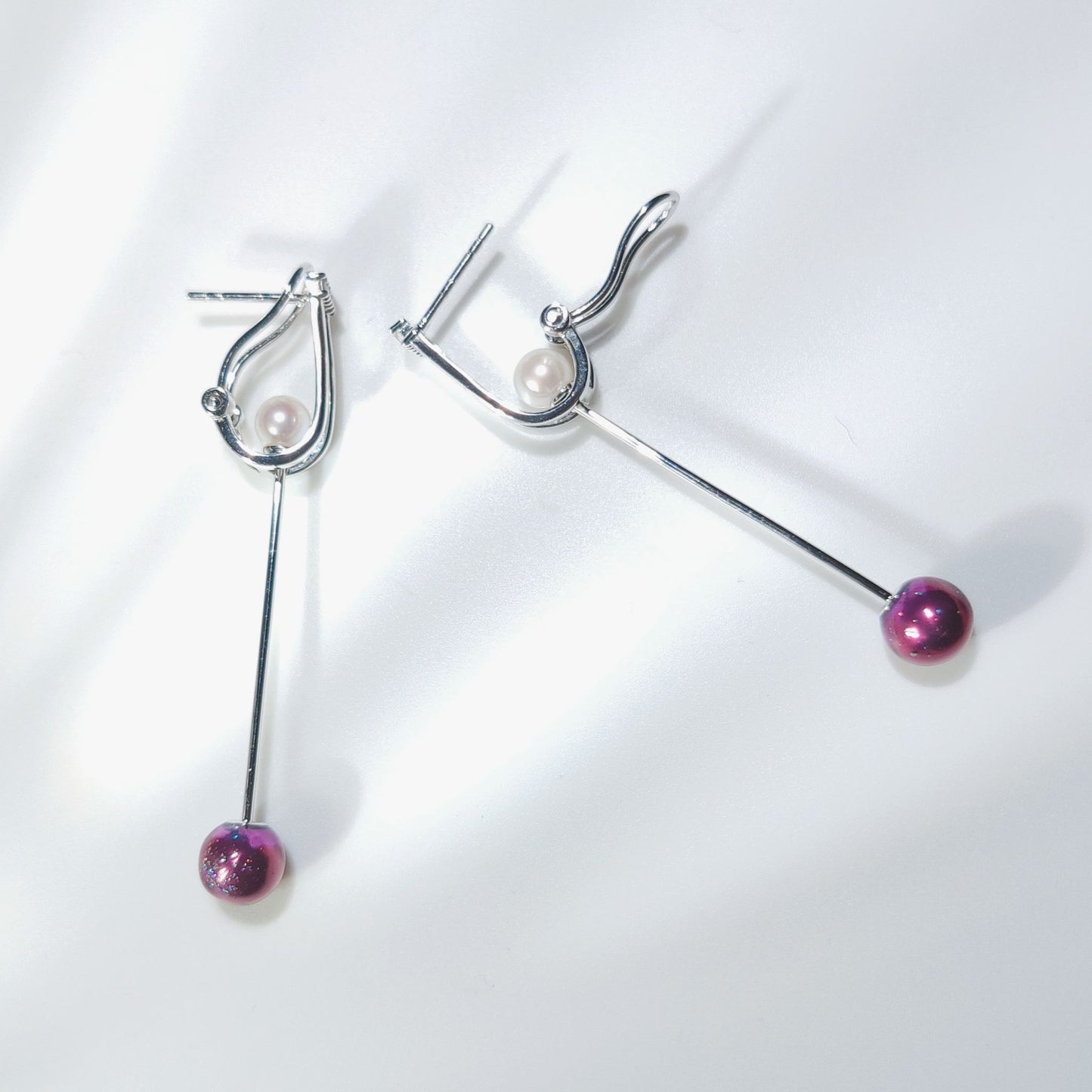 Purple Mini Ball Enamel with Pearl Silver Dorp Earrings for Women