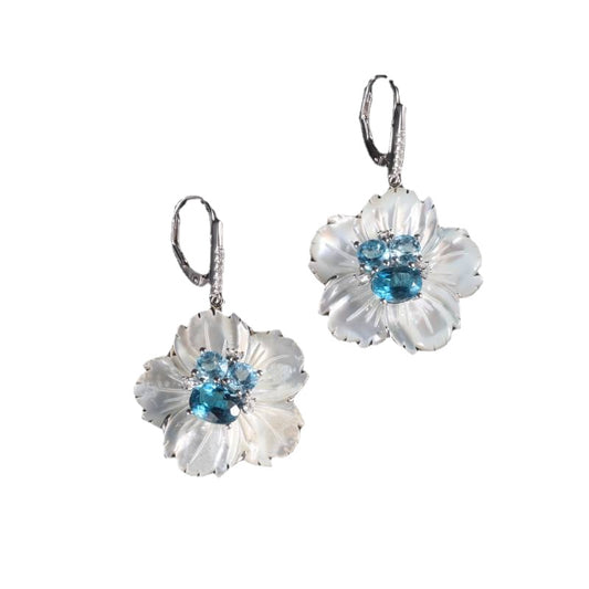 Natural Topaz with Shell Material Flower Silver Earrings for Women