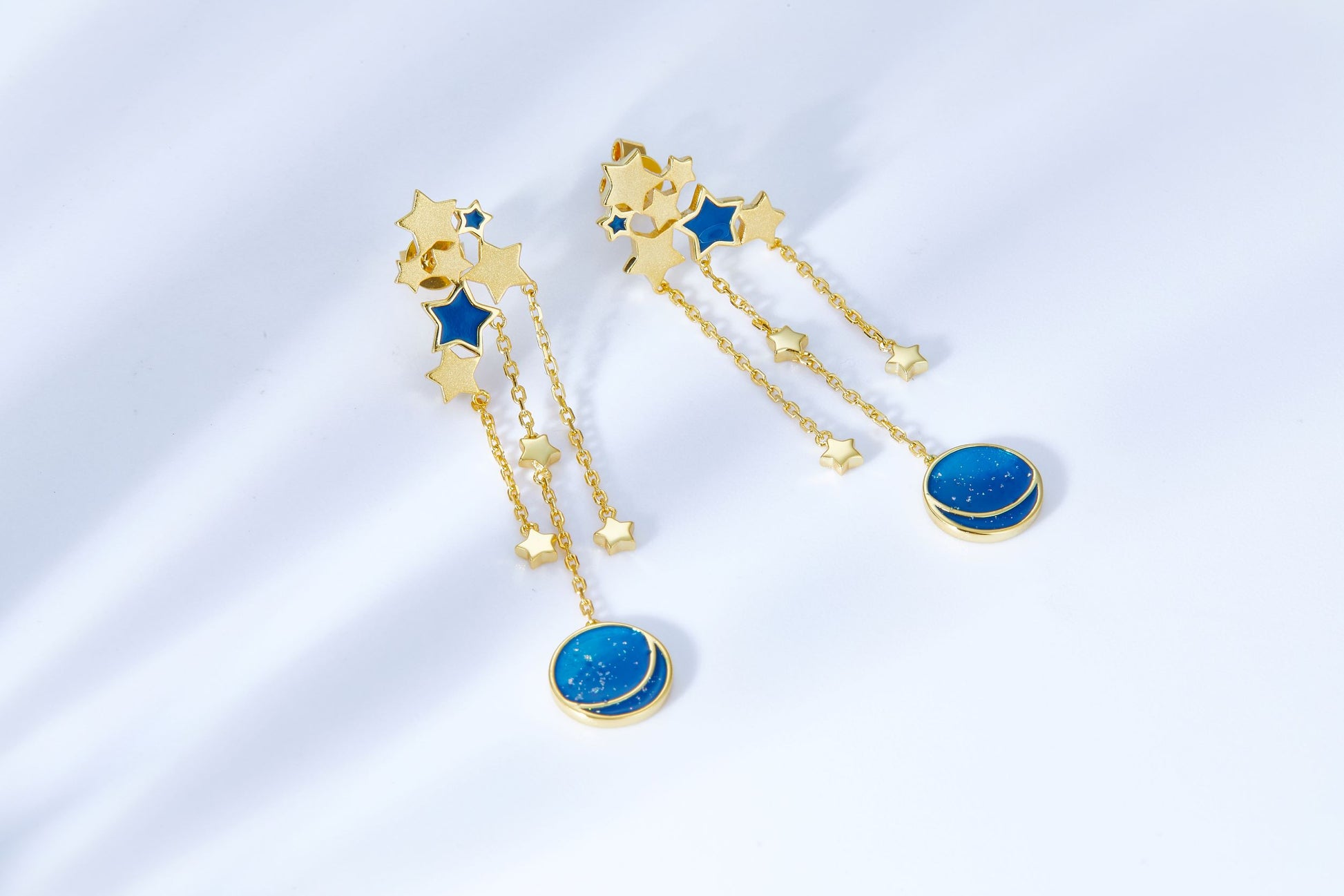 Blue & Golden Moon Star Enamel Dopr Earrings for Women