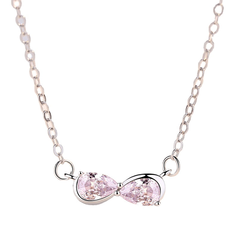 Pink Zircon Bowknot  Pendant Silver Necklace for Women