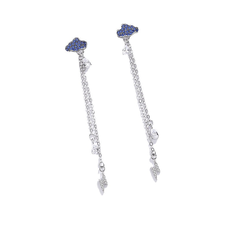 Two Wearing Design with Blue Zircon Long Tassels Silver Drop Earrings  for Women