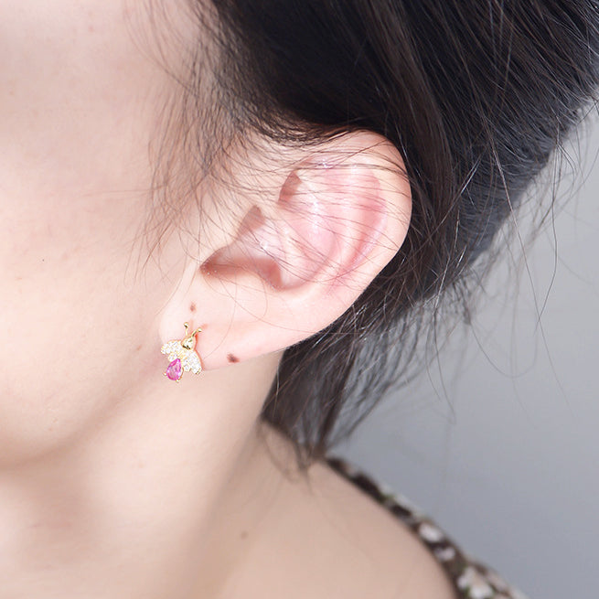 Pink Zircon Bee Silver Studs Earrings for Women
