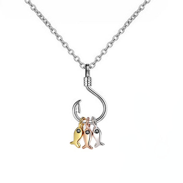 Fishhook with Small Fish Pendant Silver Necklace for Women