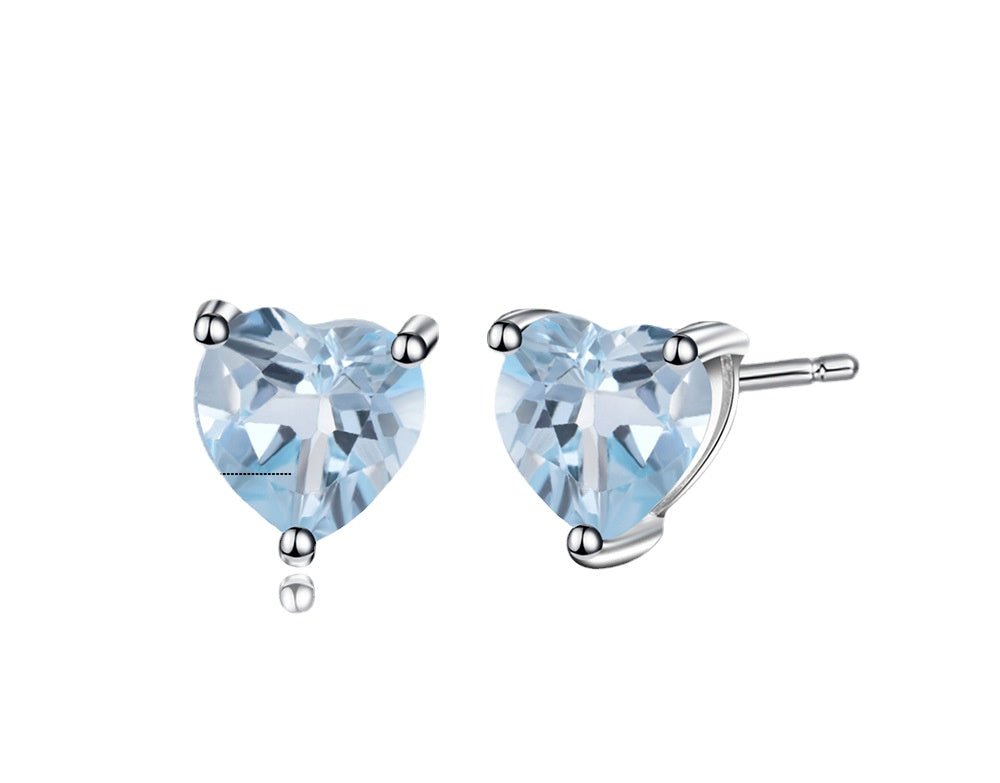 European Natural Gemstone Solitaire Heart Shape Sterling Silver Studs Earrings for Women