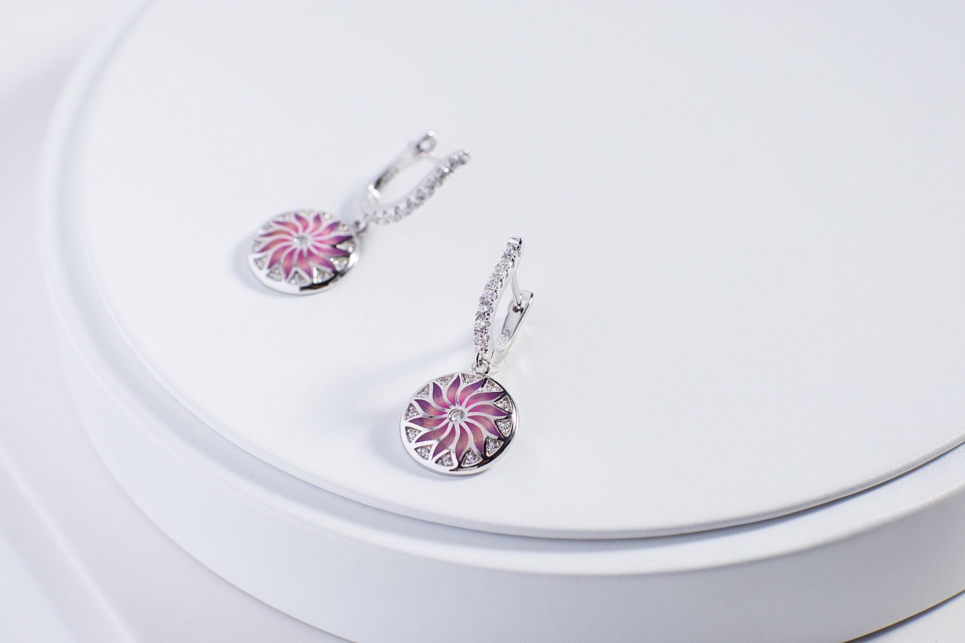 Pink Datura Stramonium Enamel Silver Drop Earrings for Women