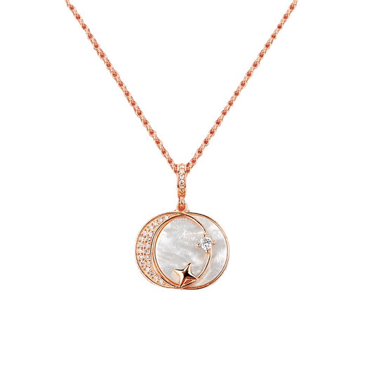 Mother of Pearl Round Disc with Circle Moon Star Silver Necklace for Women