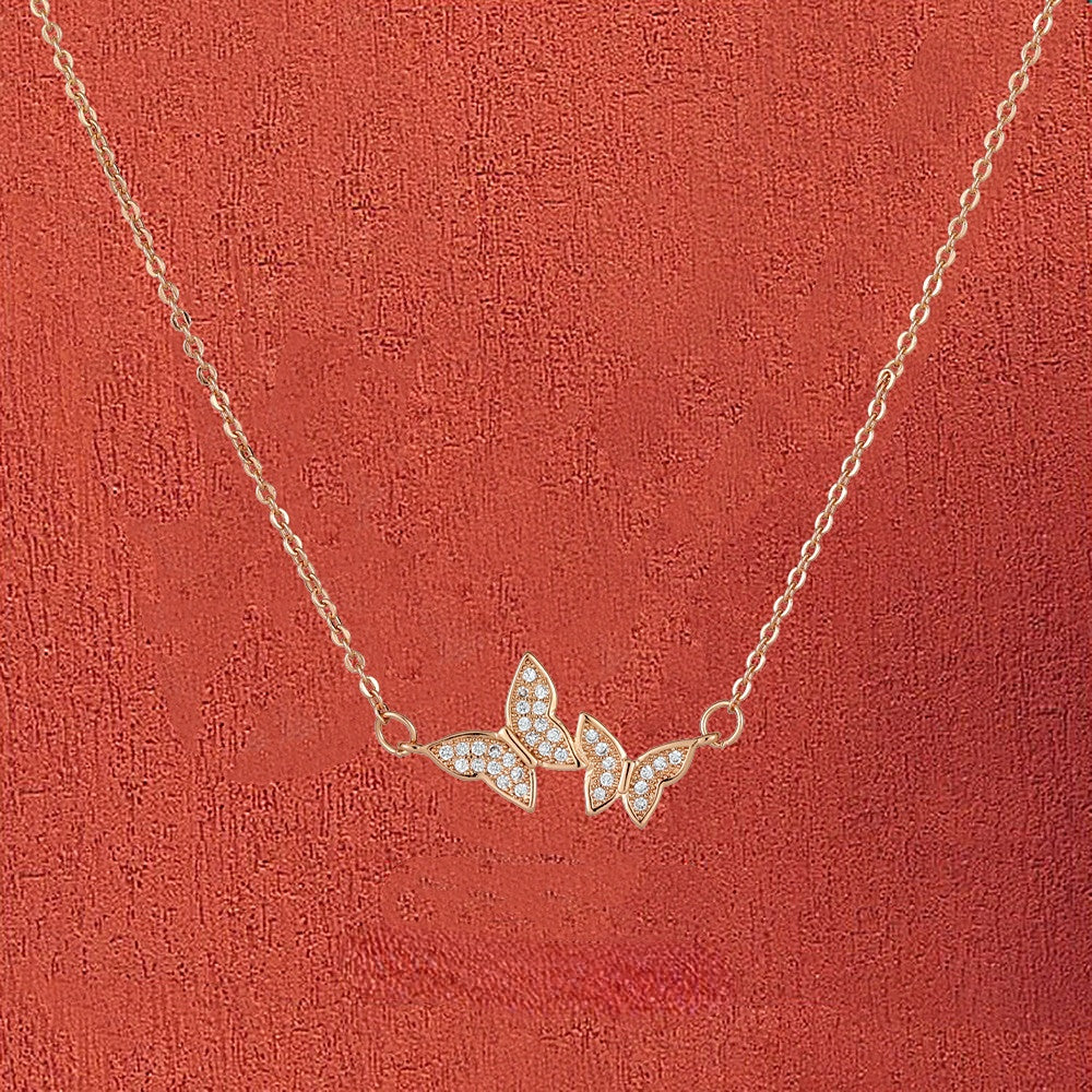 Full Zircon Double Butterflies Pendant Silver Necklace for Women