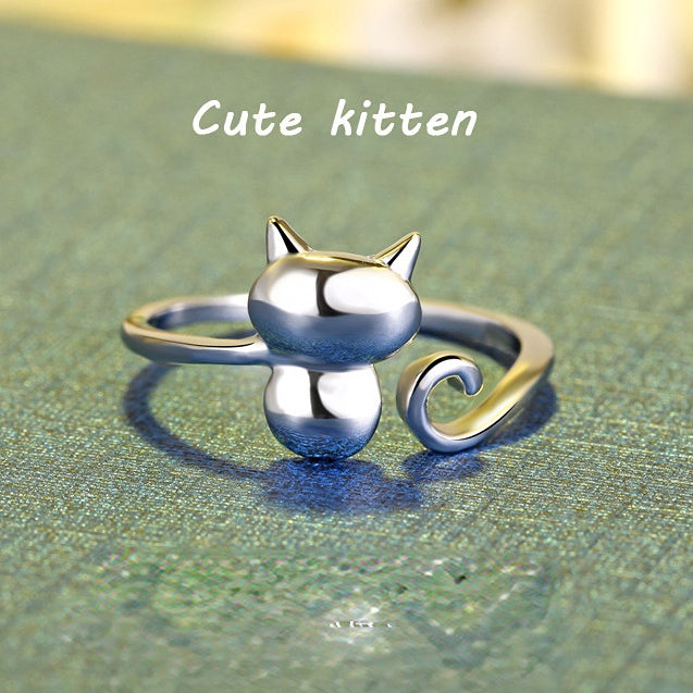 Kitten Opening Silver Ring for Women