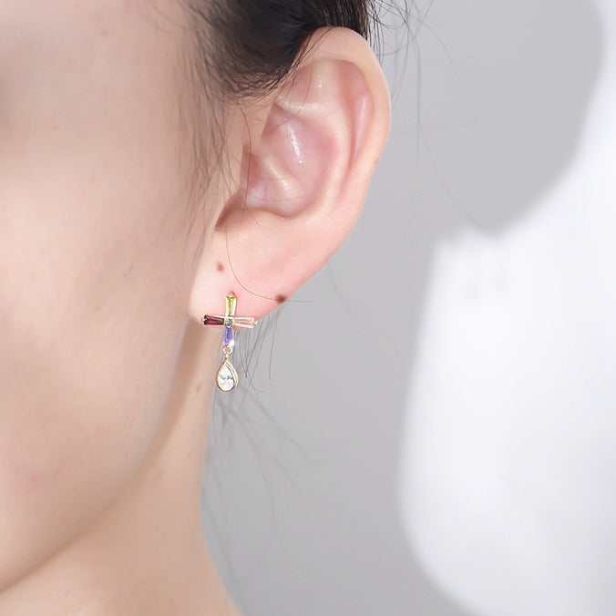 Water Drop Colourful Zircon Cross Asymmetric Silver Drop Earrings for Women