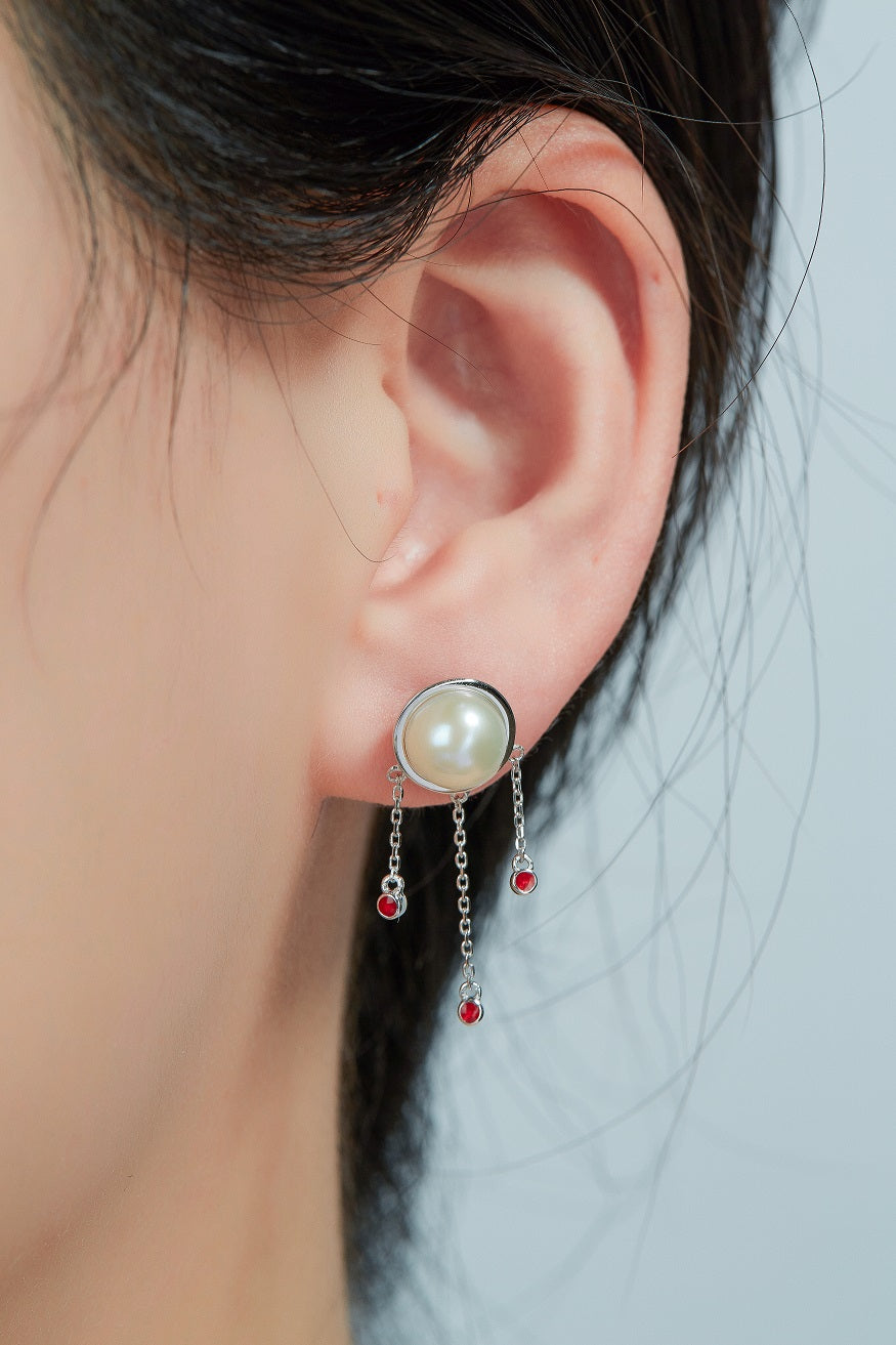 Rattle-drum Enamel with Pearl Silver Earrings for Women