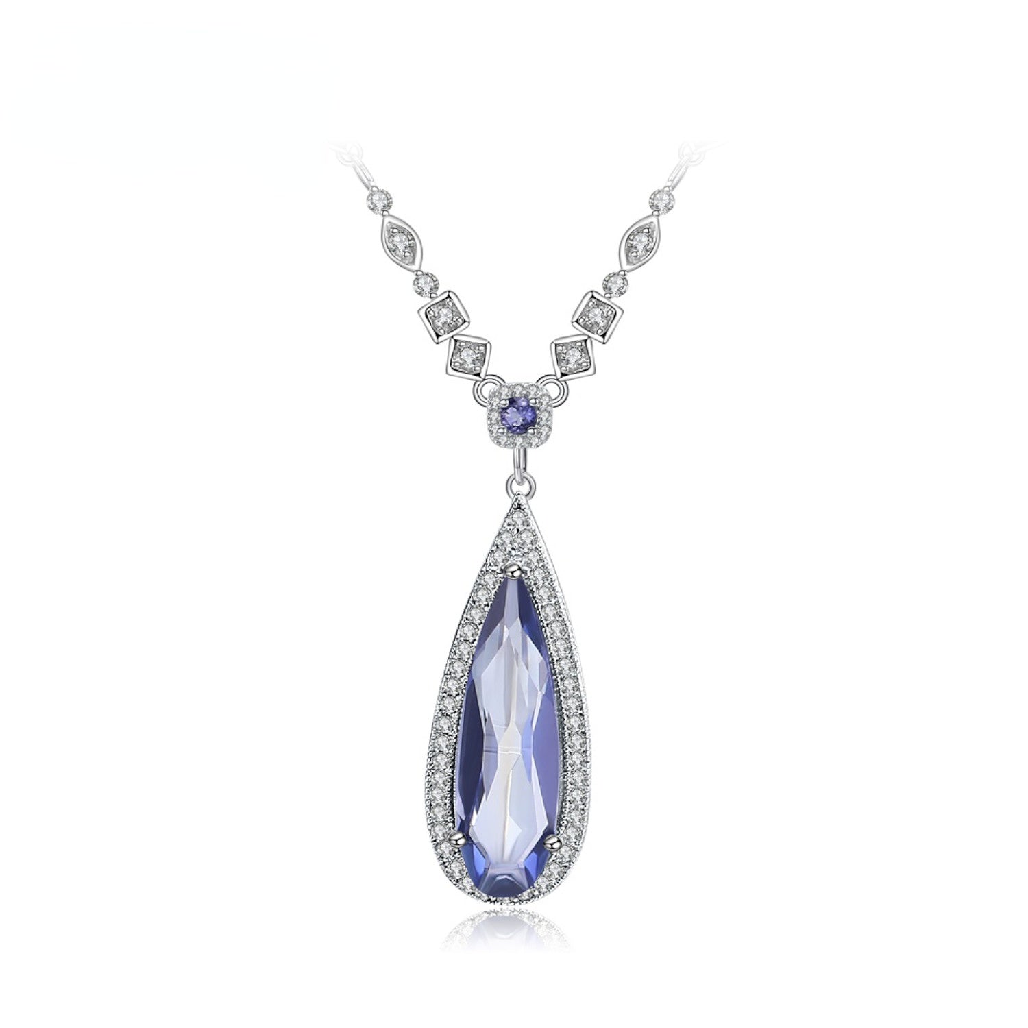 Luxurious Design Inlaid Natural Crystal Soleste Halo Water Droplet Pendant Silver Necklace for Women