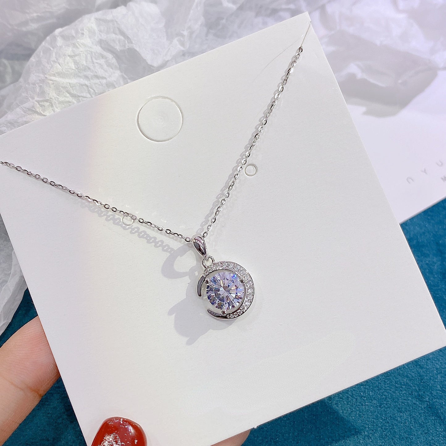 Round Zircon Crescent Moon Pendant Silver Necklace for Women