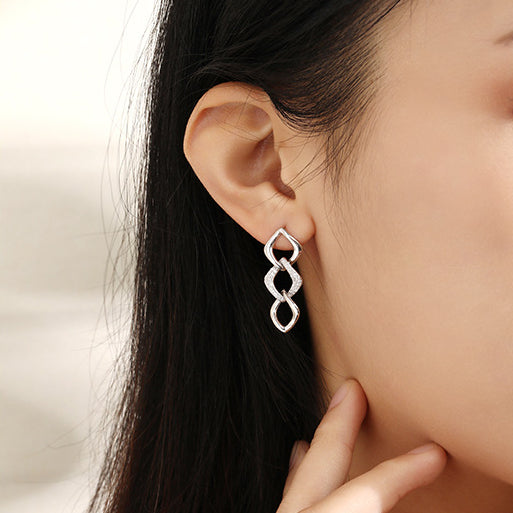 Three Rhombus Buckle with Zircon Silver Drop Earrings for Women