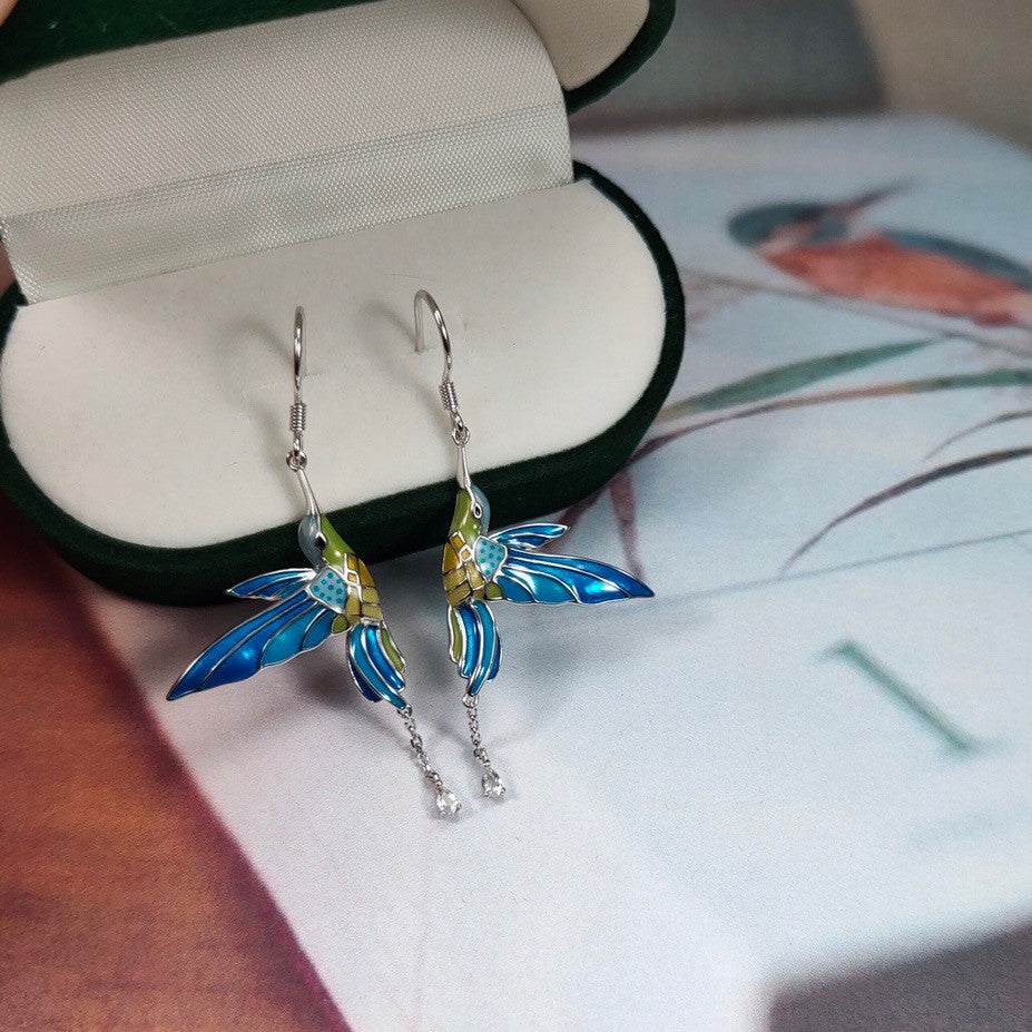 Cyan Bird Enamel Silver Drop Earrings for Women