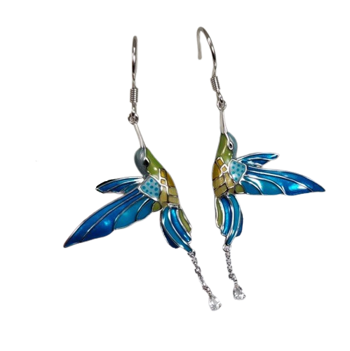 Cyan Bird Enamel Silver Drop Earrings for Women