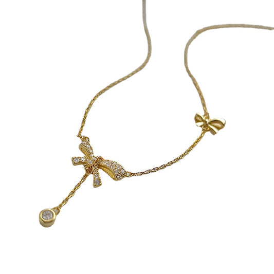 Zircon Bowknot Tassle Silver Necklace for Women