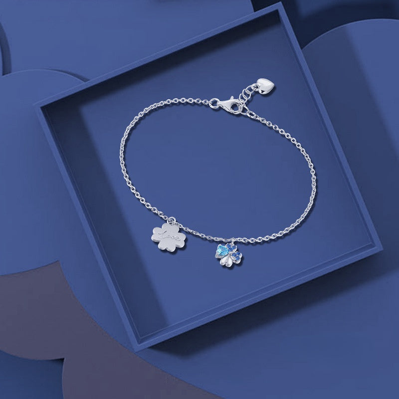 Double Four Leaf Clover with Blue Zircon Silver Bracelet for Women
