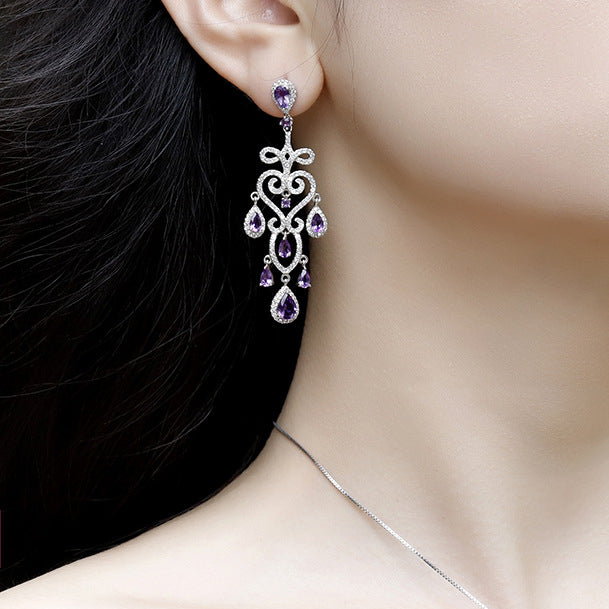 French Romantic Style Inlaid Natural Amethyst Luxury Silver Drop Earrings for Women