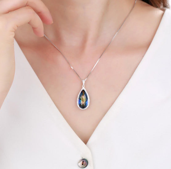 Crystal Soleste Halo Water Droplet Pendant Silver Necklace for Women