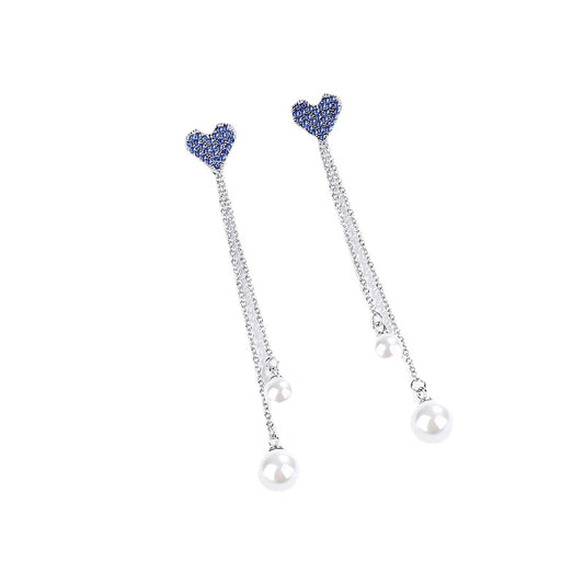 Heart Blue Zircon with Pearl Long Tassel Silver Drop Earrings for Women