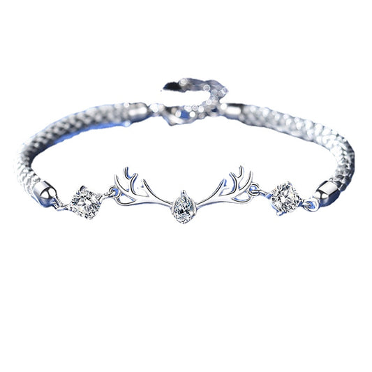 Two Colour Zircon Silver Deer Woven Rope Couple Bracelets for Women