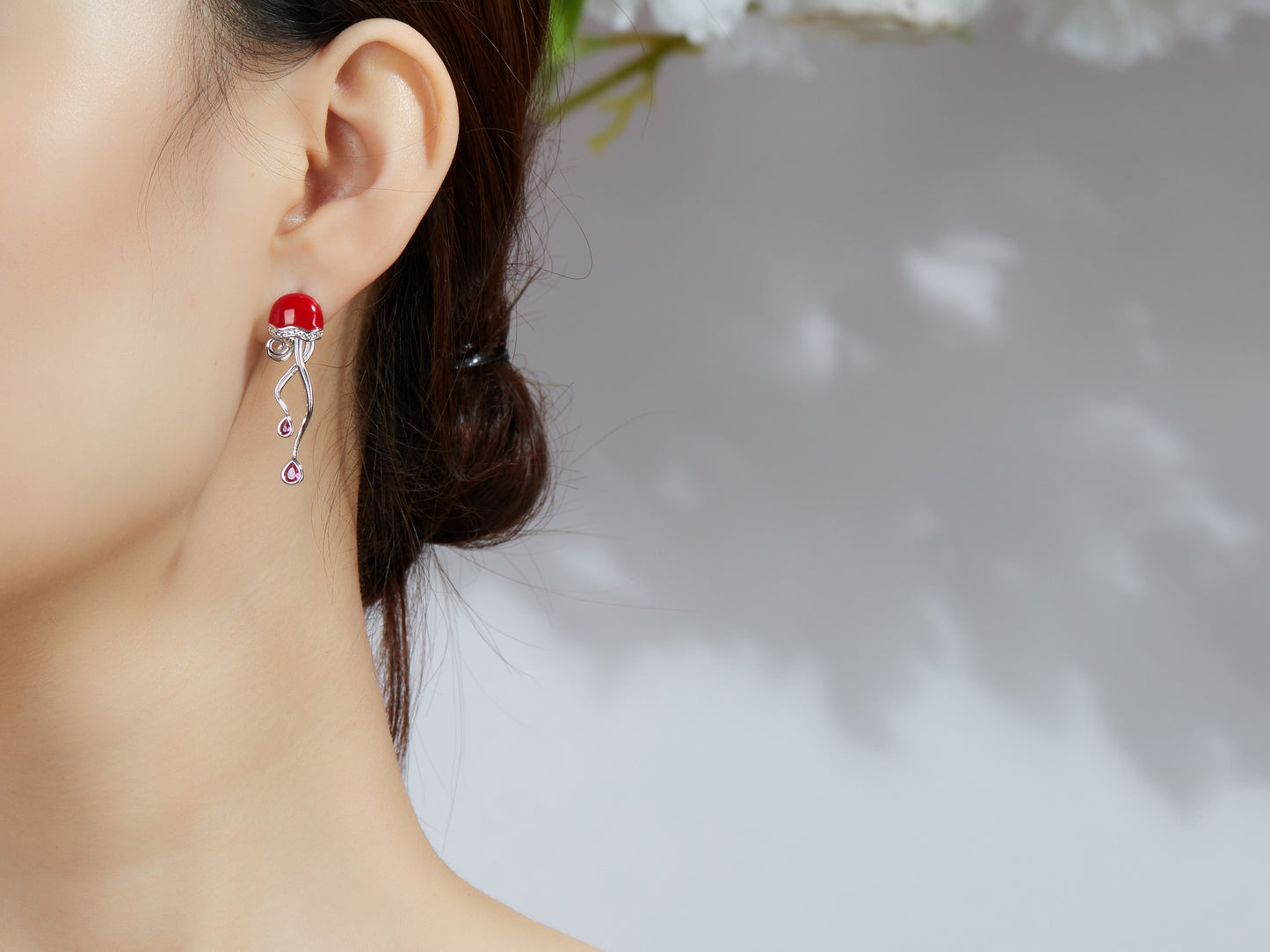 Red Jellyfish Enamel Silver Earrings for Women
