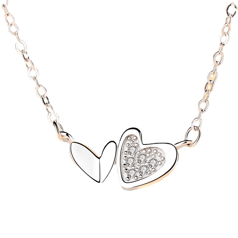Valentine's Day Gift Two of Heart with Zircon Pendant Silver Necklace for Women