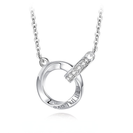 Double Circle with Zircon Pendant Silver Necklace for Women