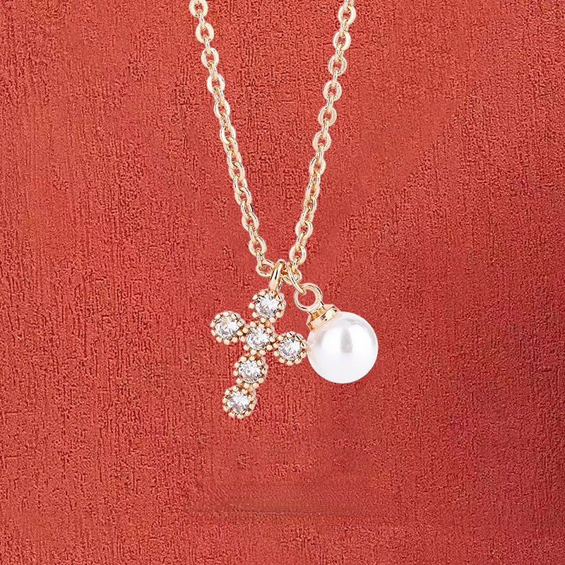 Zircon Cross with Pearl Silver Necklace for Women