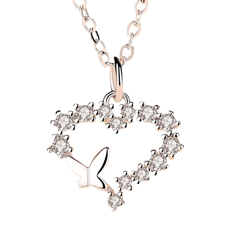 Zircon Heart with Butterfly Pendant Silver Necklace for Women