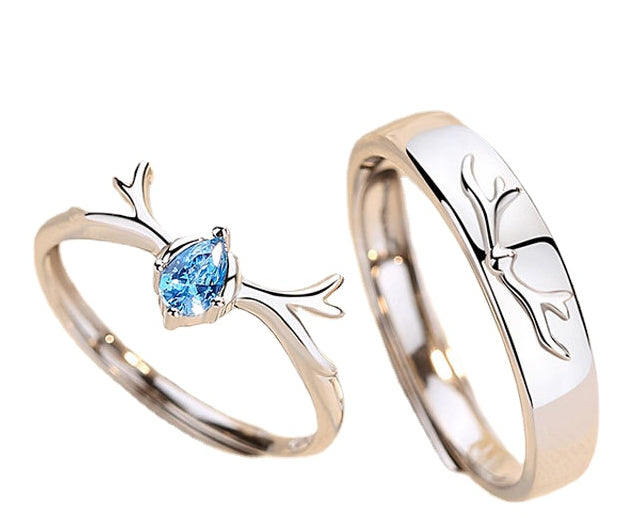 Deer with Blue Zircon Silver Couple Rings for Women