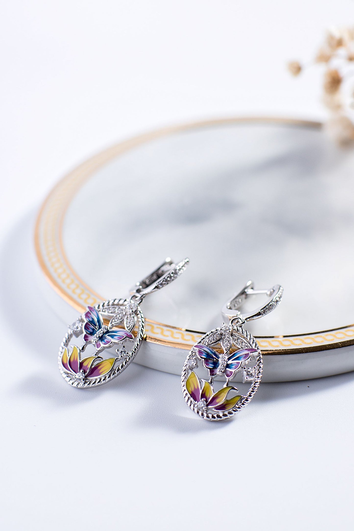 Colourful Butterfly and Flower Enamel Silver Drop Earrings for Women